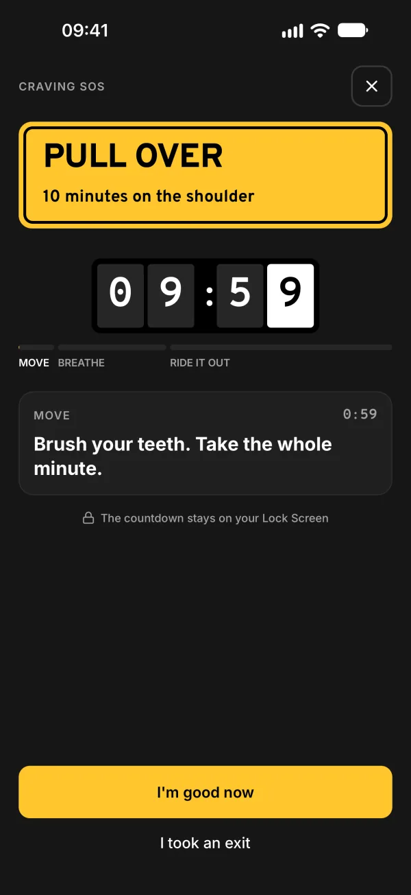 Mile Zero craving support countdown screen