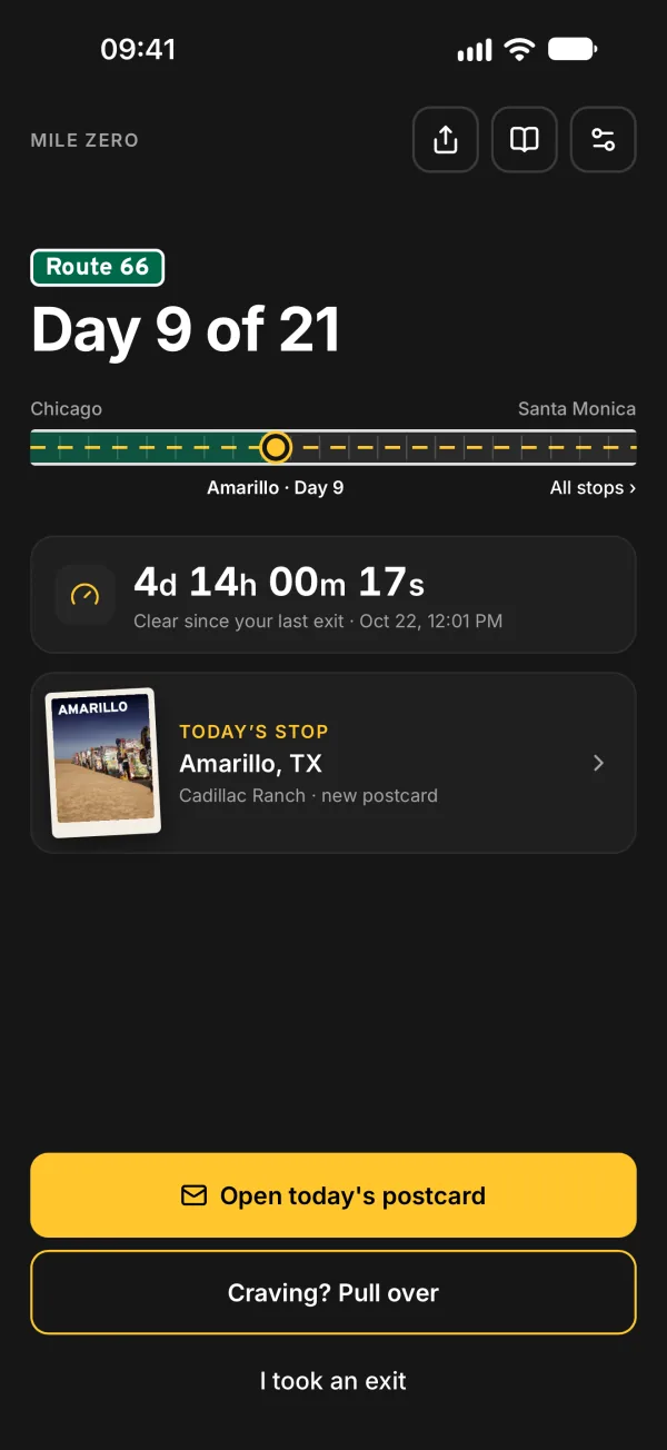 Mile Zero home screen with Route 66 progress and today’s stop