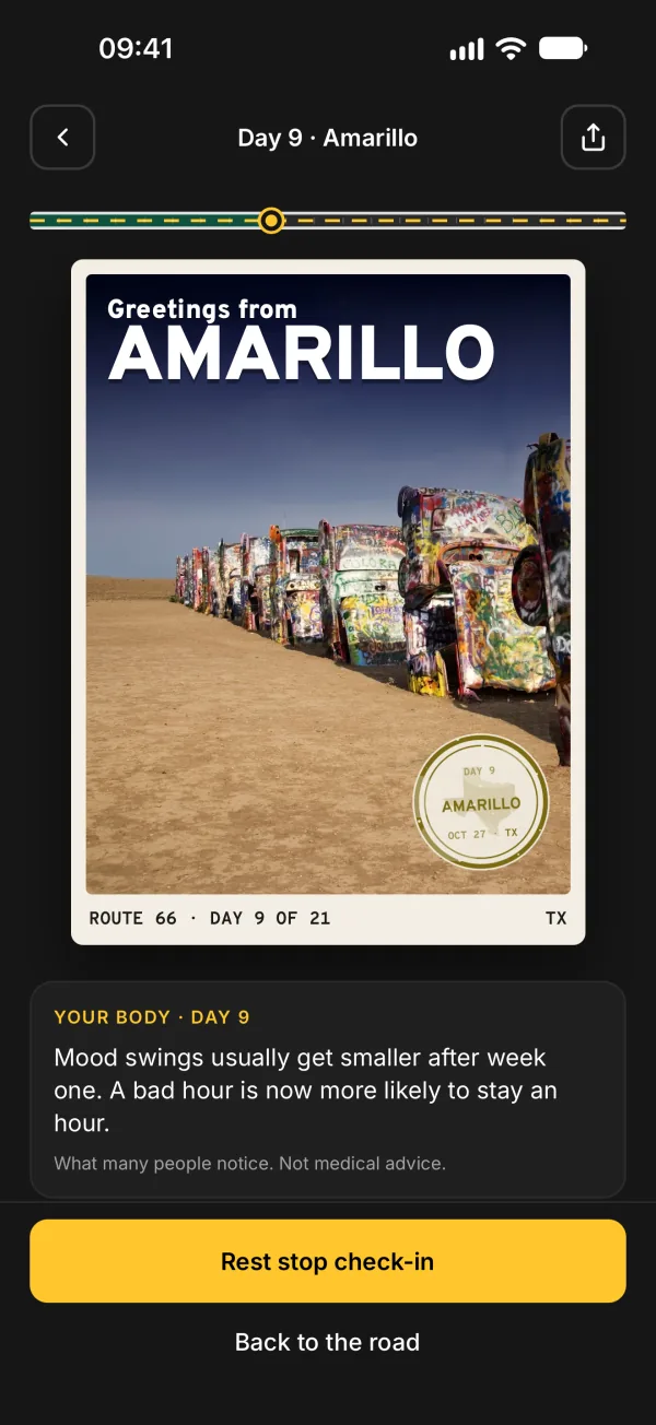 Mile Zero postcard of the day from Amarillo, stamped into the passport
